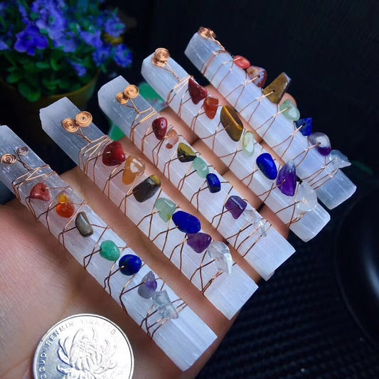 Chakra Healing Crystal Beads - Wire Wrapped to Raw Selenite Stick