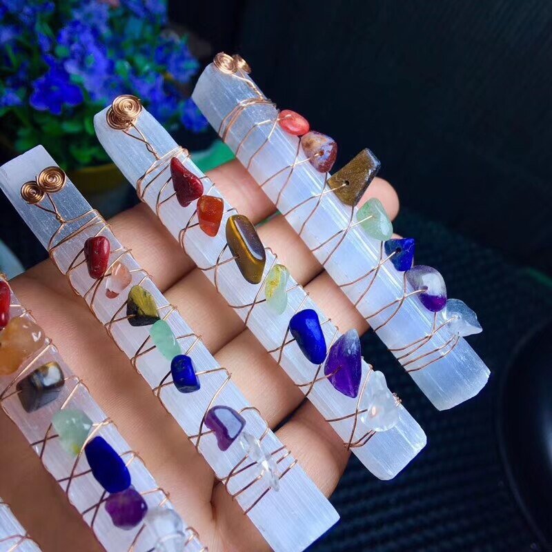Chakra Healing Crystal Beads - Wire Wrapped to Raw Selenite Stick