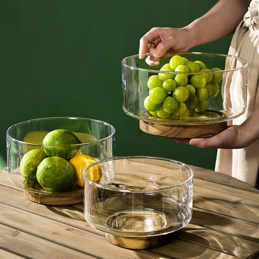 Glass Fruit Bowls with Wooden Base