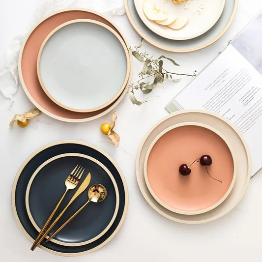 Modern Glazed Dinner Plates with Tan Rim (Sold Separately)