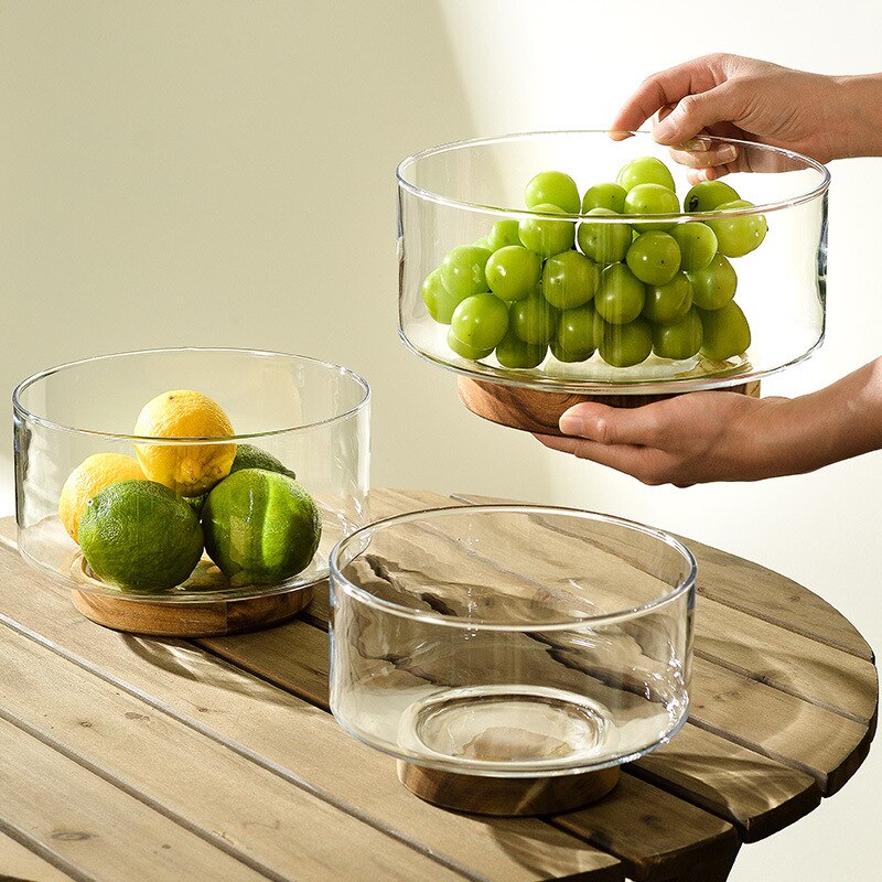 Glass Fruit Bowls with Wooden Base