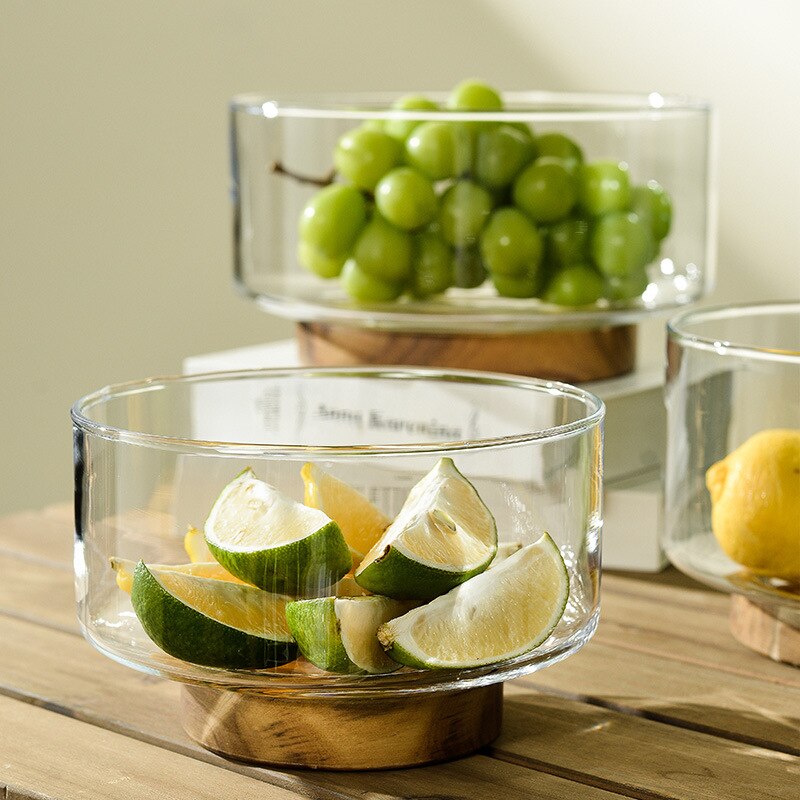 Glass Fruit Bowls with Wooden Base