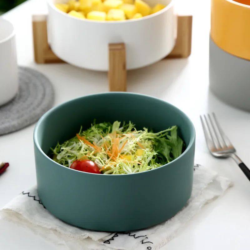 Nordic Salad Bowl with Wooden Shelf & Durable Ceramic