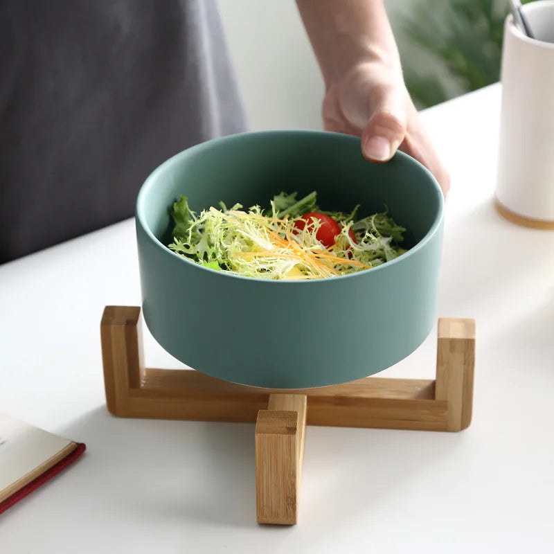 Nordic Salad Bowl with Wooden Shelf & Durable Ceramic