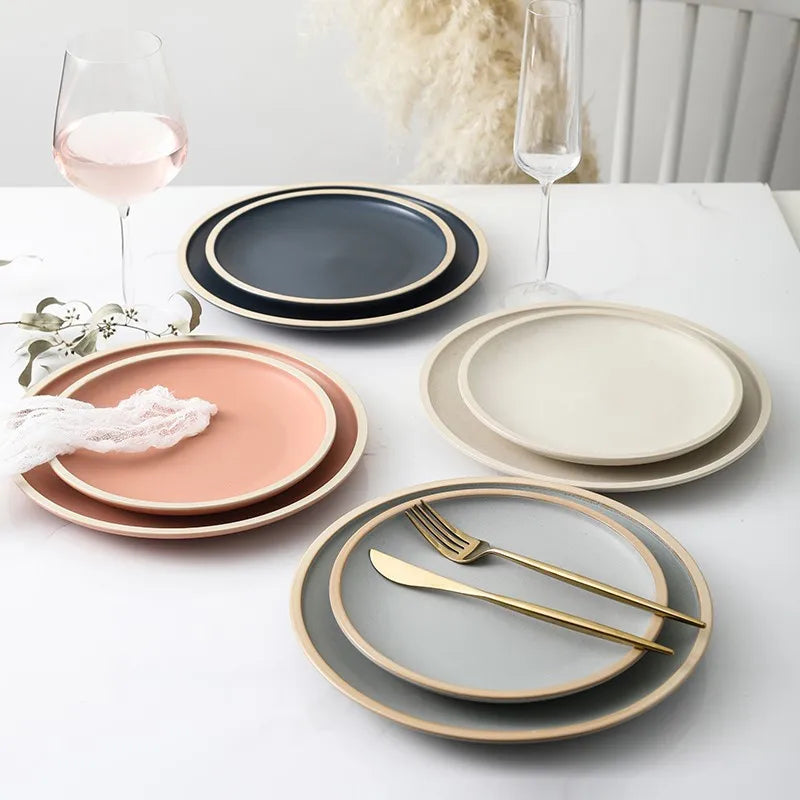 Modern Glazed Dinner Plates with Tan Rim (Sold Separately)